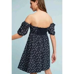 Anthropologie Maeve Lillianne Dress 8 On/Off Shoulder Floral Navy Blue‎ Eyelet